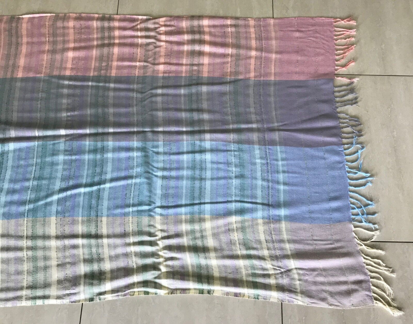 Boho Neck Scarf Blue Mauve Ivory Pink Green Stripe Shoulder Shawl Pastel Fringed