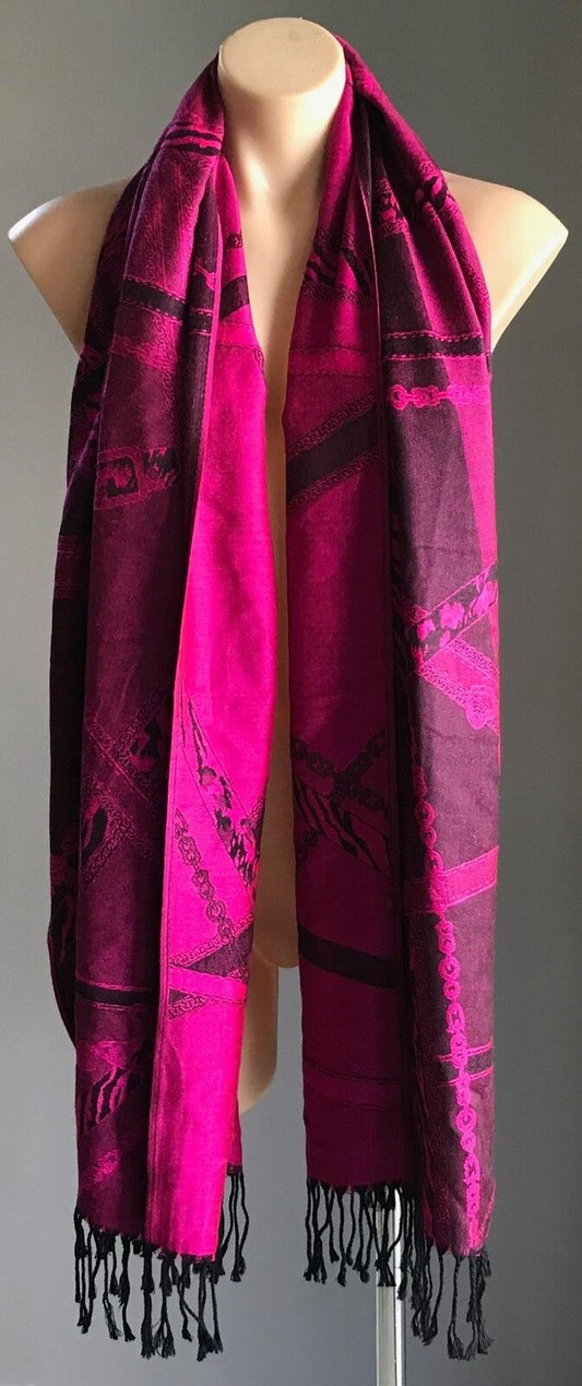Reversible Ladies Shawl Scarf Cerise & Black Fringed Print Rectangle Red Pink