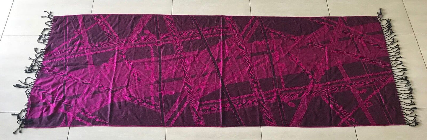 Reversible Ladies Shawl Scarf Cerise & Black Fringed Print Rectangle Red Pink