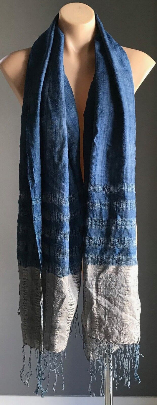 Boho Fringed Scarf Ladies Blue & Taupe Raw Silk Look & Feel Neck Wrap