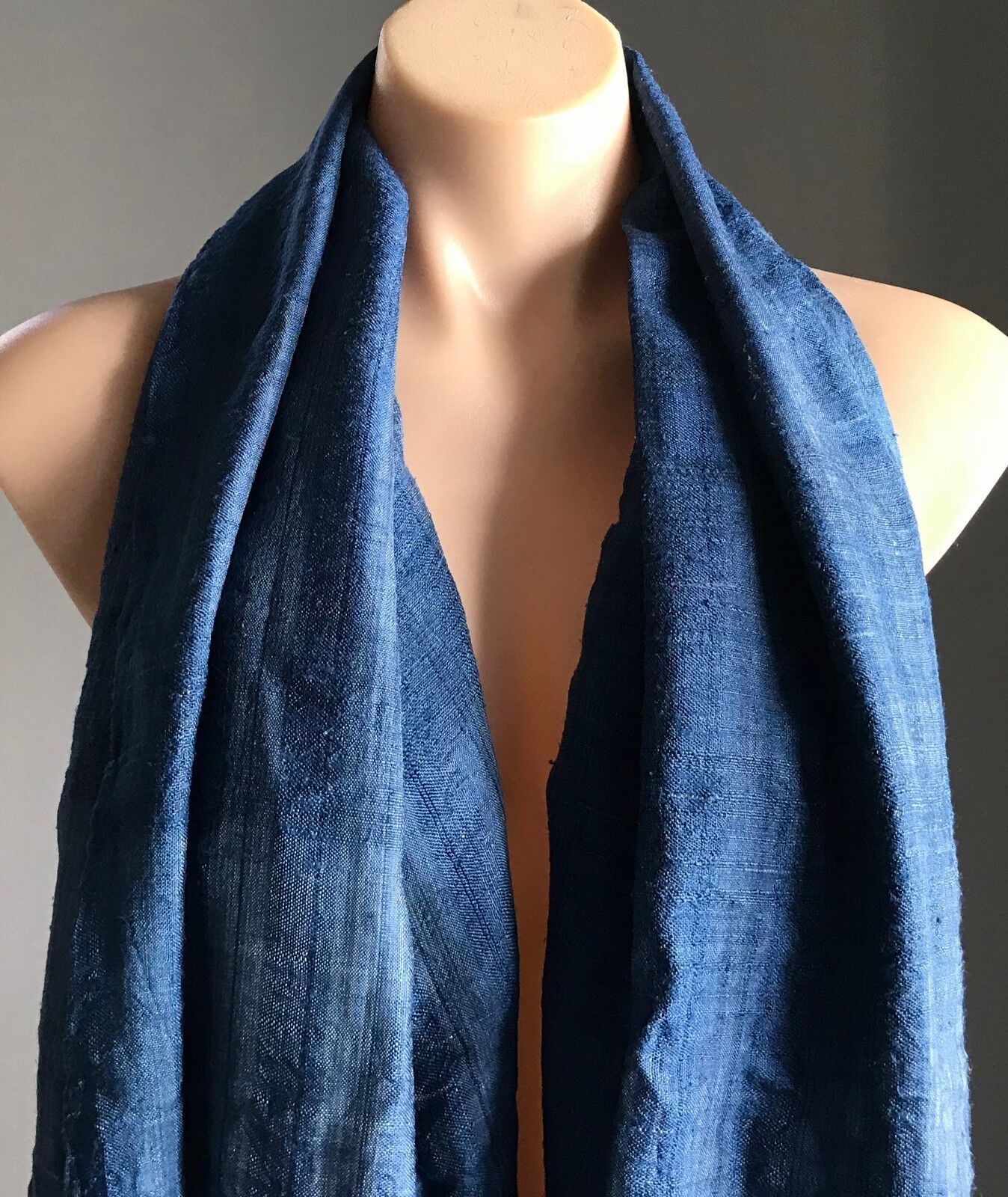 Boho Fringed Scarf Ladies Blue & Taupe Raw Silk Look & Feel Neck Wrap