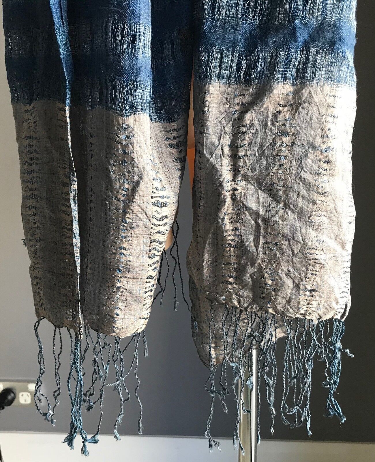 Boho Fringed Scarf Ladies Blue & Taupe Raw Silk Look & Feel Neck Wrap