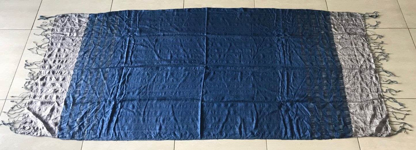 Boho Fringed Scarf Ladies Blue & Taupe Raw Silk Look & Feel Neck Wrap