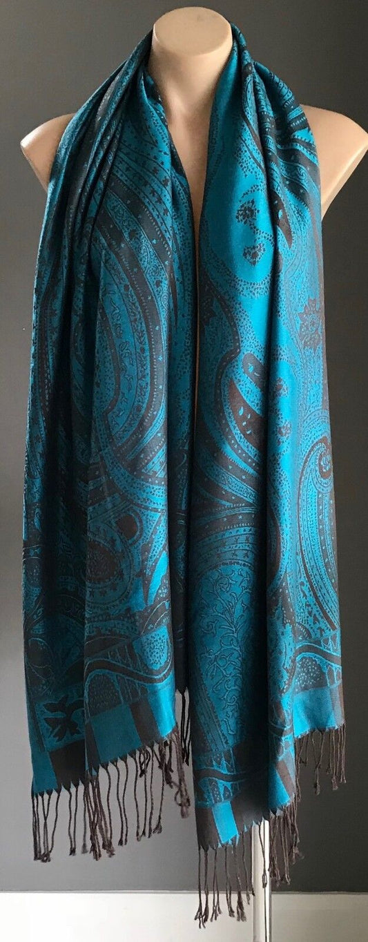 Large Paisley Pashmina Scarf Fringed Neck Wrap Blue & Brown PAISLEY Print Shawl