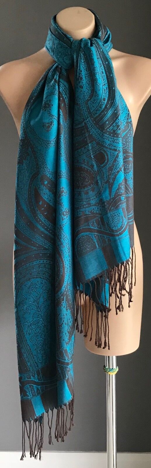 Large Paisley Pashmina Scarf Fringed Neck Wrap Blue & Brown PAISLEY Print Shawl
