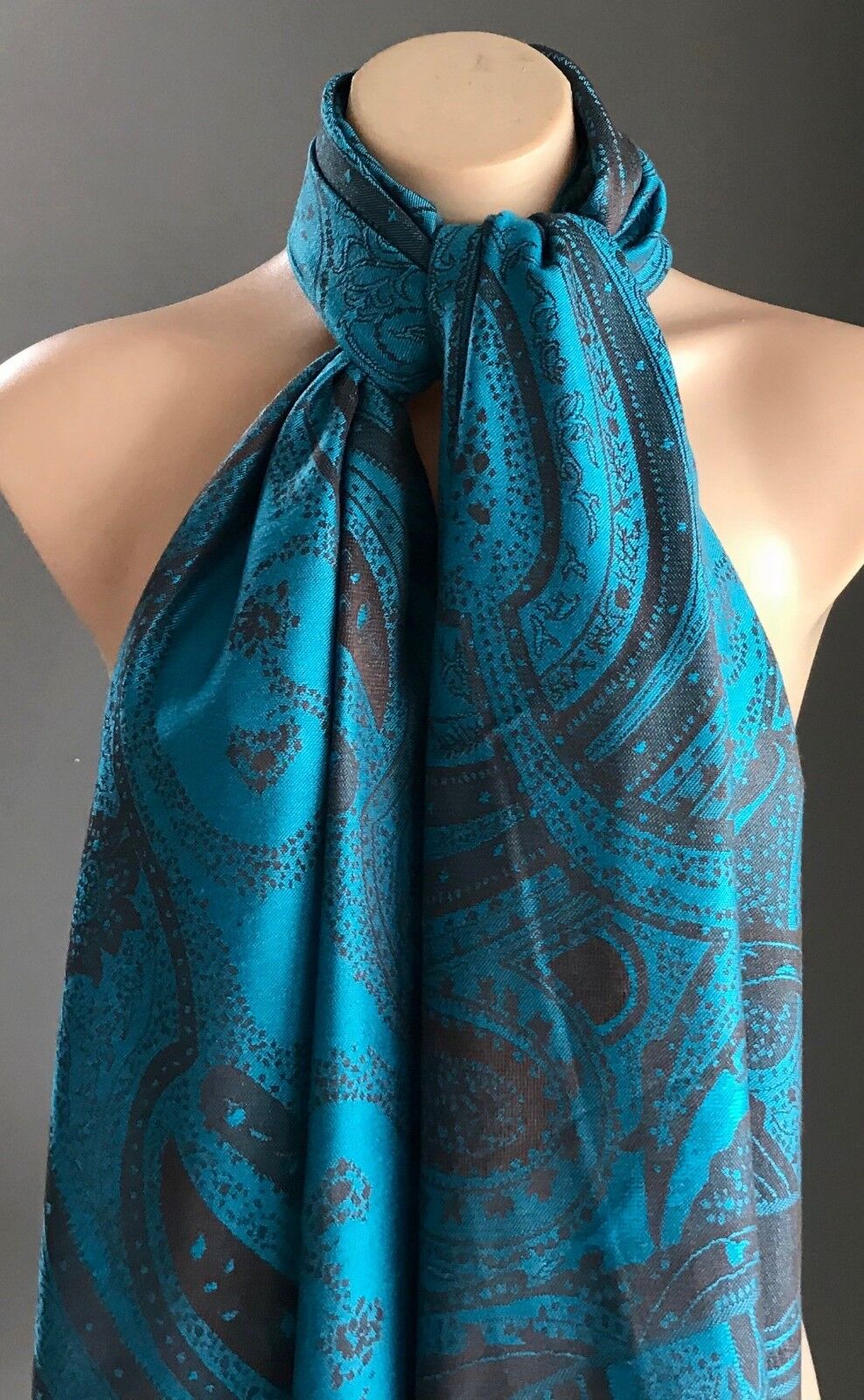 Large Paisley Pashmina Scarf Fringed Neck Wrap Blue & Brown PAISLEY Print Shawl