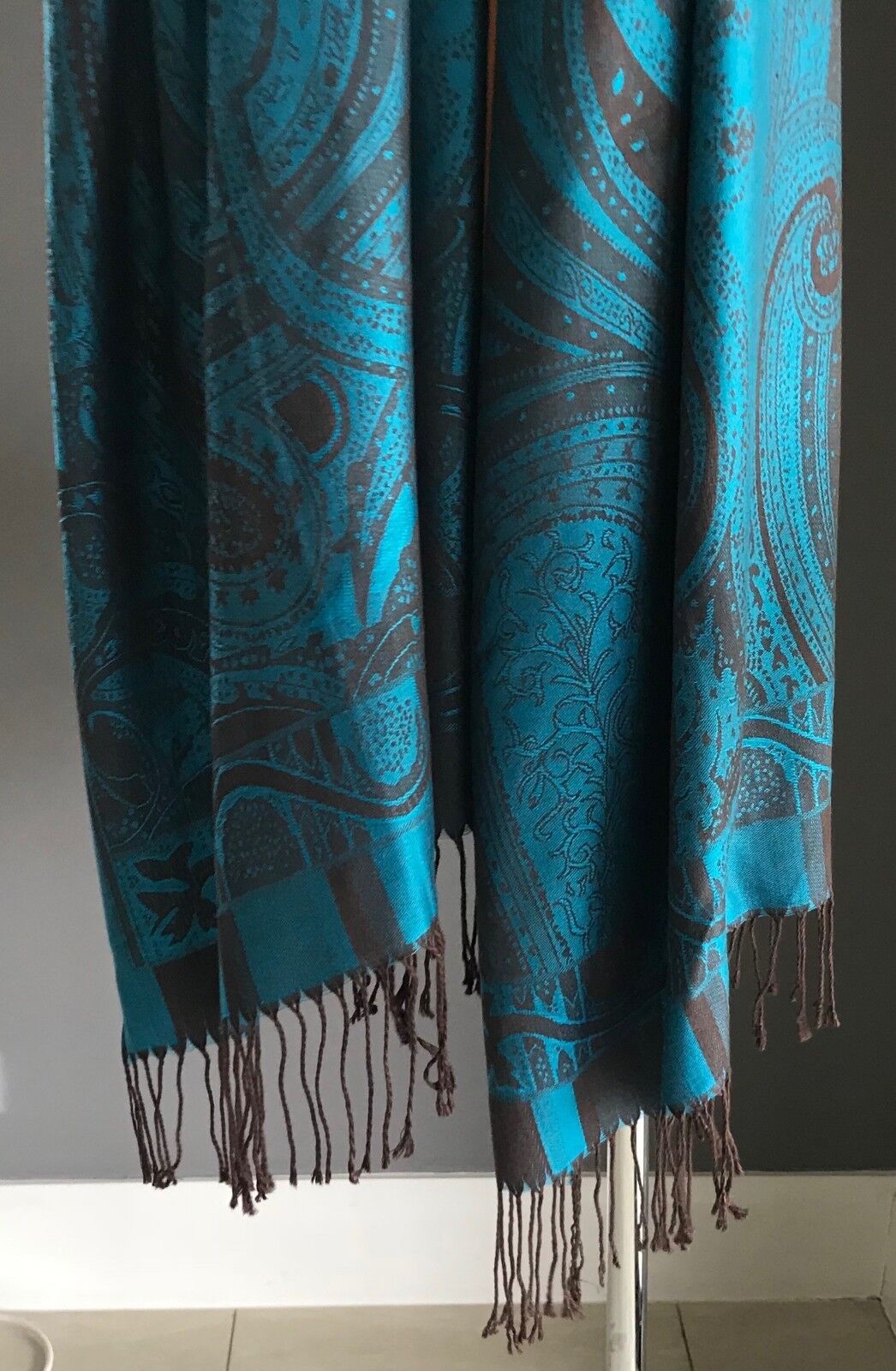 Large Paisley Pashmina Scarf Fringed Neck Wrap Blue & Brown PAISLEY Print Shawl