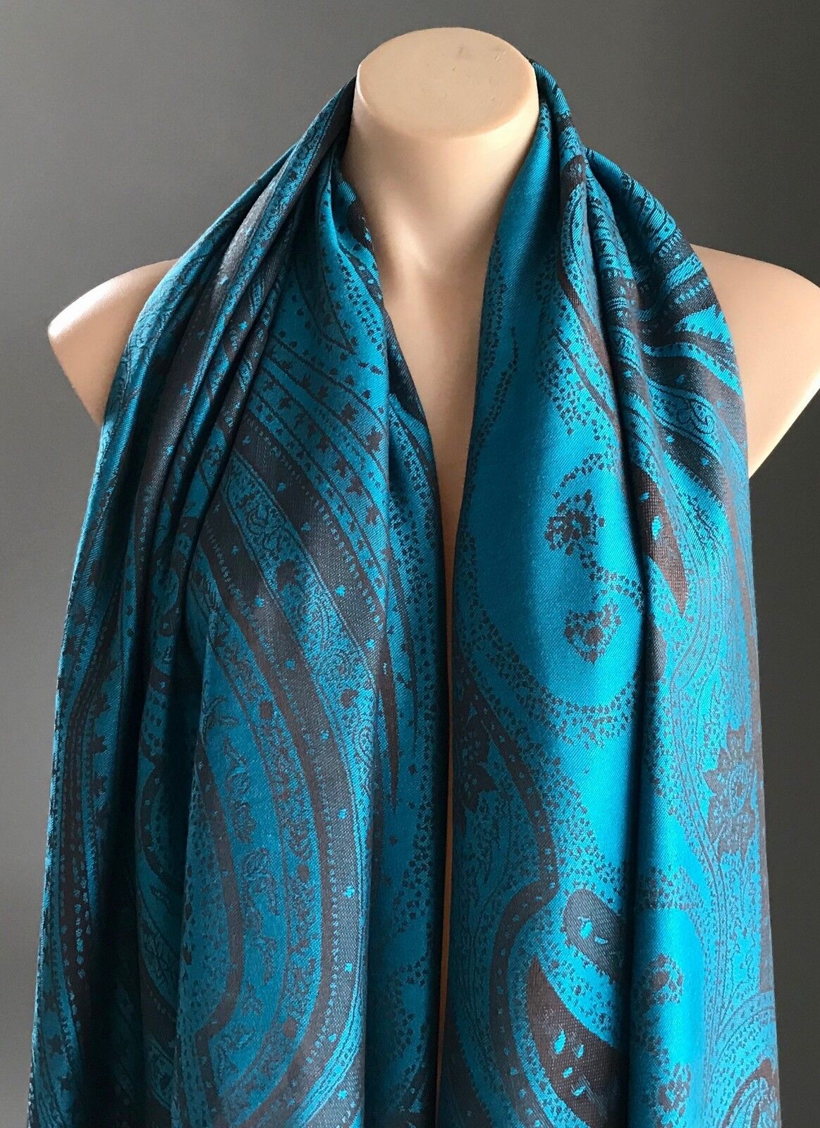 Large Paisley Pashmina Scarf Fringed Neck Wrap Blue & Brown PAISLEY Print Shawl