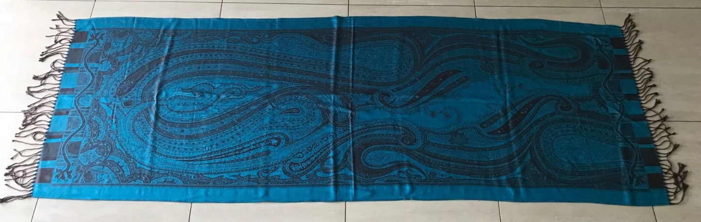 Large Paisley Pashmina Scarf Fringed Neck Wrap Blue & Brown PAISLEY Print Shawl