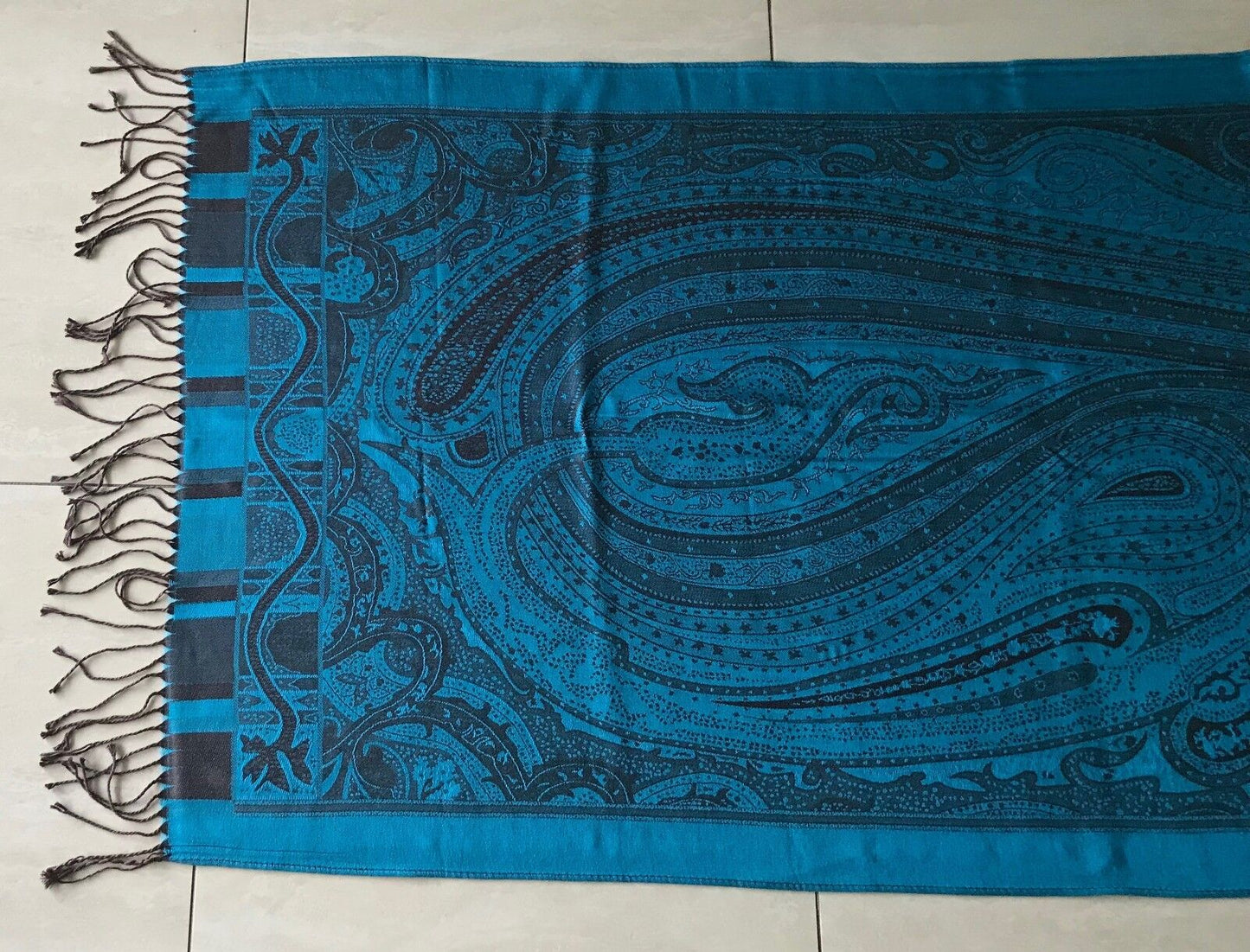 Large Paisley Pashmina Scarf Fringed Neck Wrap Blue & Brown PAISLEY Print Shawl