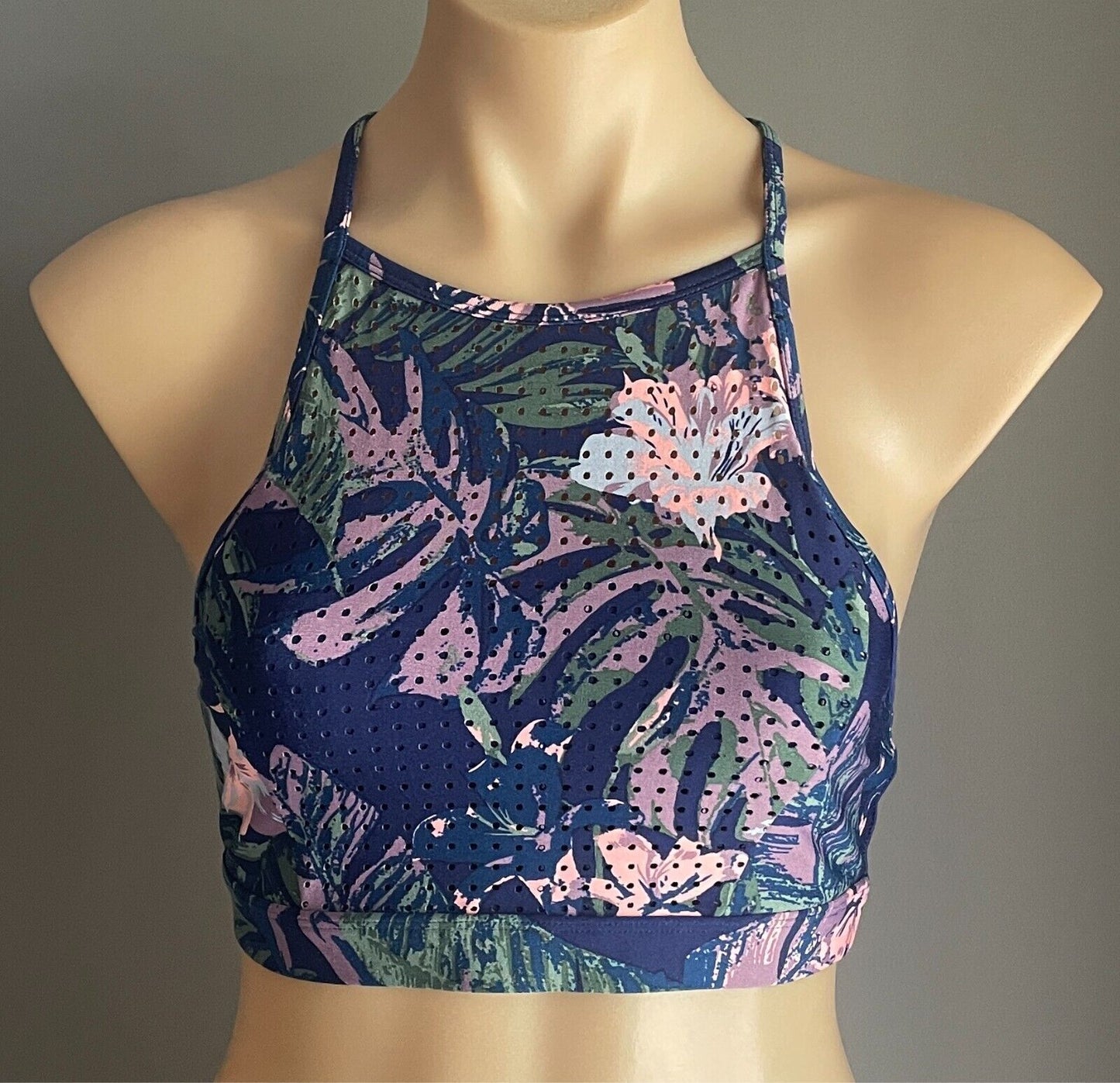 COTTON ON BODY Crop Top Blue Floral Print Size M T-Bar Back Stretch Sports Crop