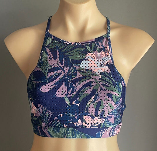 COTTON ON BODY Crop Top Blue Floral Print Size M T-Bar Back Stretch Sports Crop