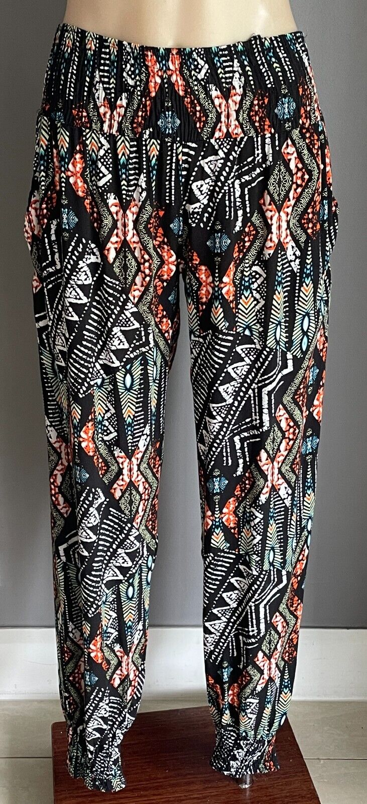 Hippie Pants Multicolour Elastic Waist & Leg Cuffs Size 10 Lightweight Relaxed