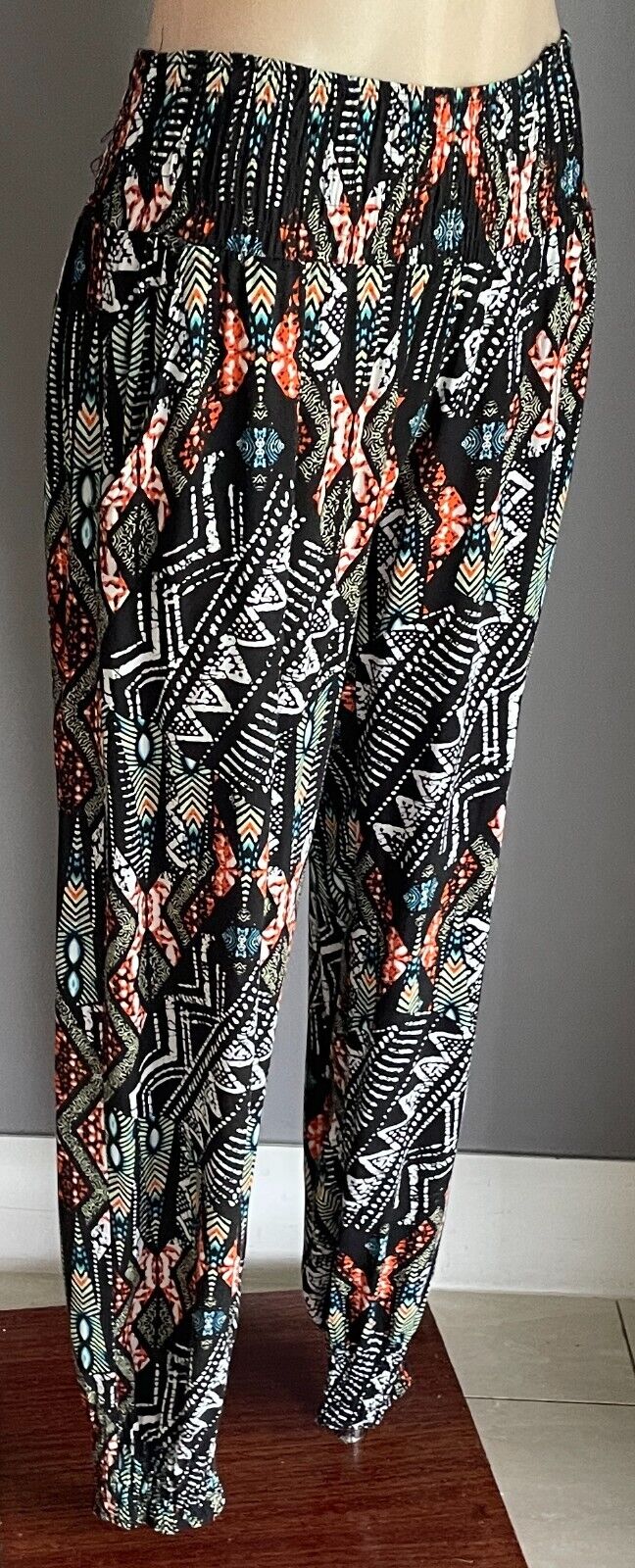 Hippie Pants Multicolour Elastic Waist & Leg Cuffs Size 10 Lightweight Relaxed