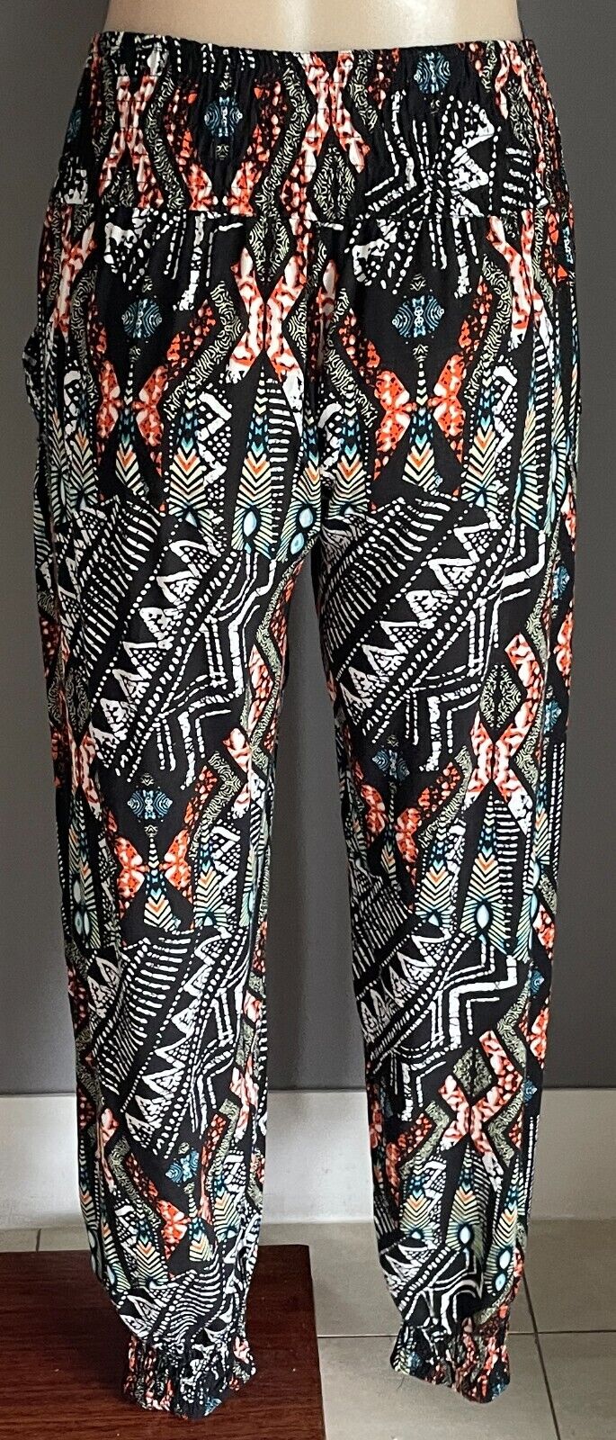 Hippie Pants Multicolour Elastic Waist & Leg Cuffs Size 10 Lightweight Relaxed