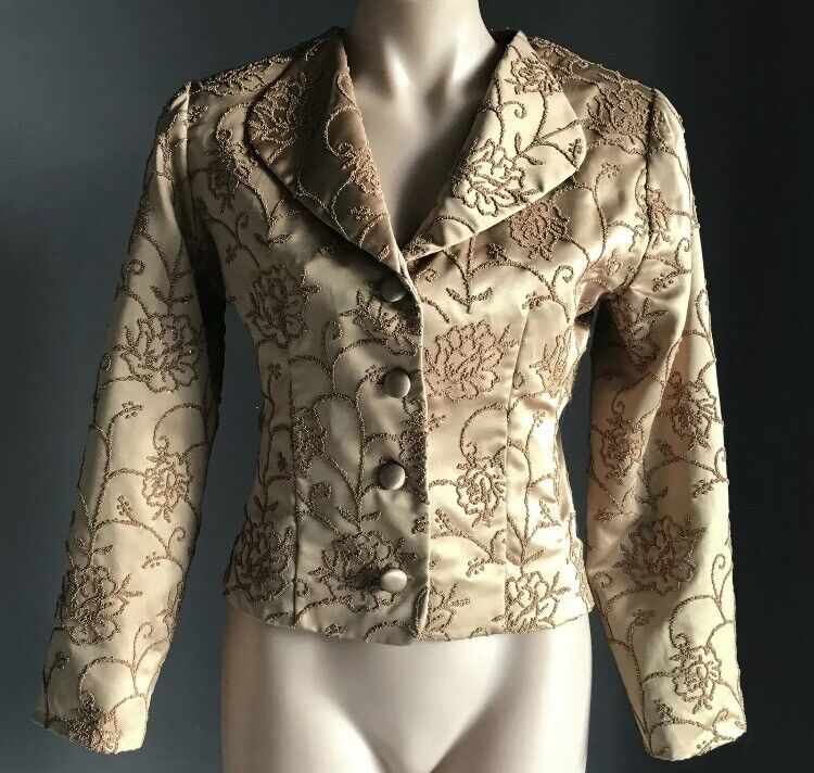 STUDIBAKER Jacket Gold Satin Glitter Beaded Buttoned Tailored Lapels 10 Vintage