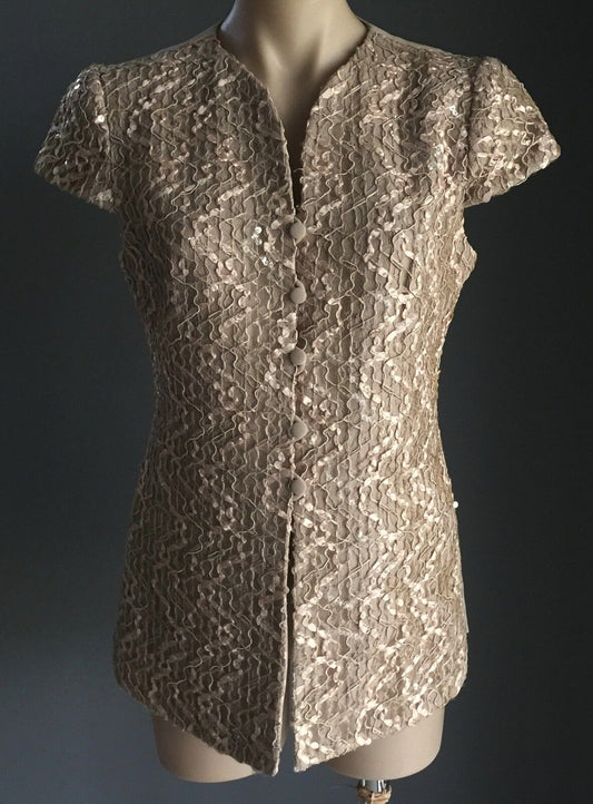 TEENA VARIGOS Jacket Beige Gold Cap Sleeve Sequin & Ribbon Size 10 Vintage Gem
