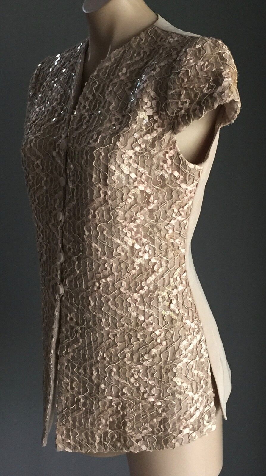 TEENA VARIGOS Jacket Beige Gold Cap Sleeve Sequin & Ribbon Size 10 Vintage Gem