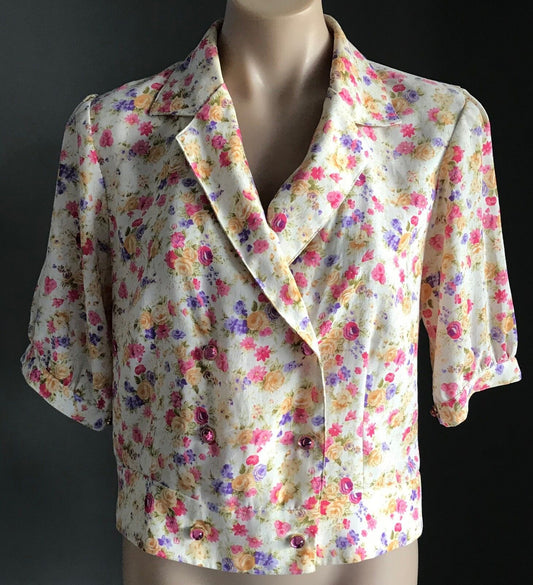 Crop Jacket MultiColour Floral Print Short Sleeve Size 10 Vintage HandMade