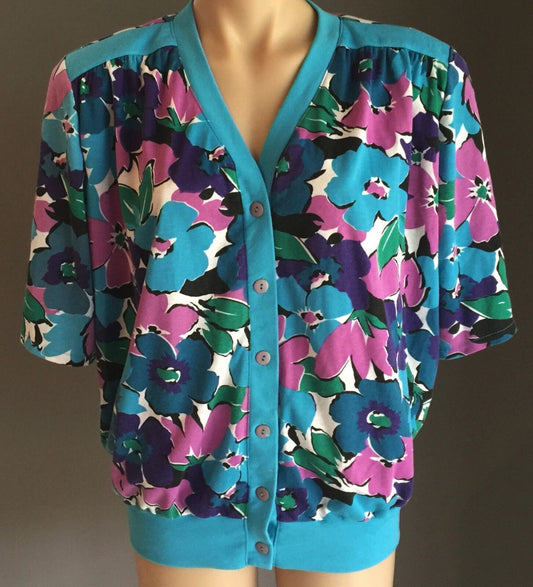 Vintage Floral Print Top HandMade Fabric Multi Coloured Cardigan Ladies Size 16
