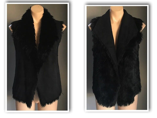 DRAPE VEST Black Faux Suede & Fur Reversible Sleeveless Ladies Size 8 - 10