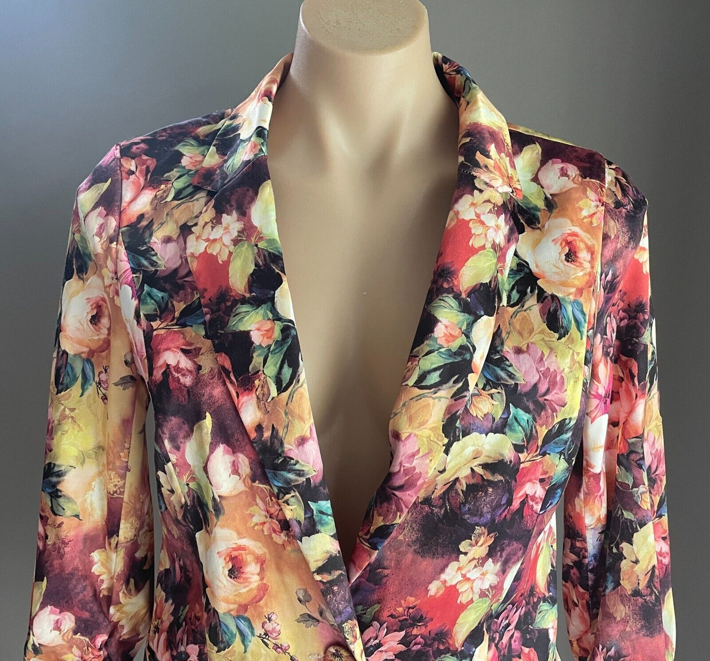 VALLEYGIRL Jacket Bright Multicolour Floral Blazer 3/4 Ruched Sleeves Sz 10 NEW