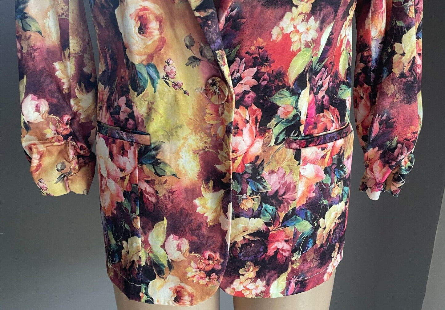 VALLEYGIRL Jacket Bright Multicolour Floral Blazer 3/4 Ruched Sleeves Sz 10 NEW