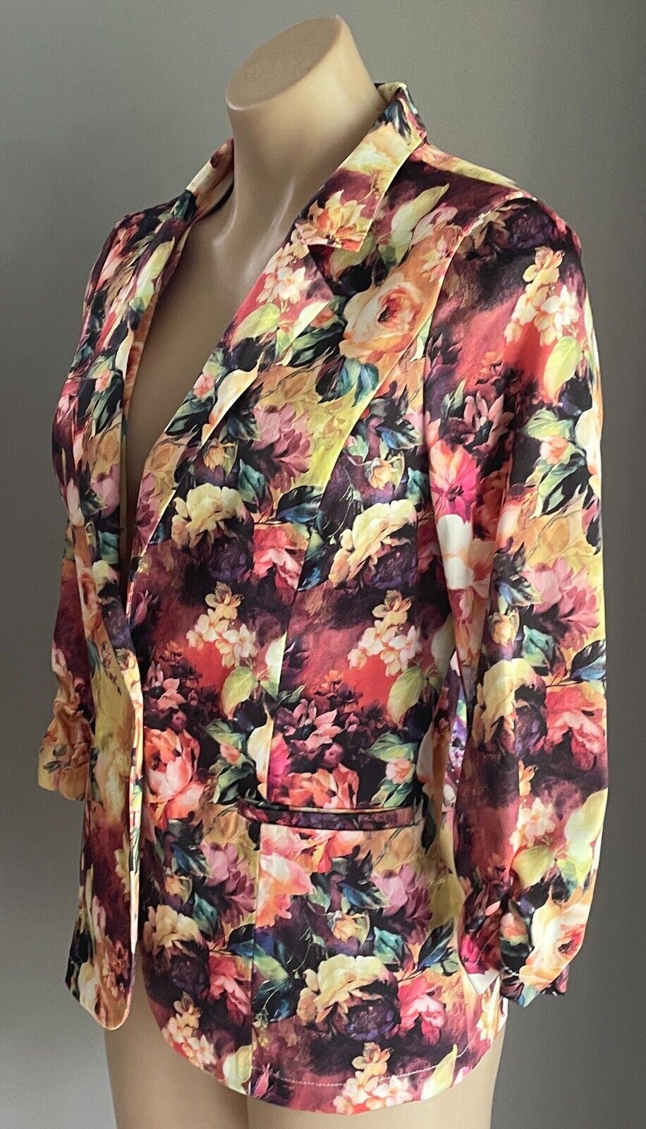 VALLEYGIRL Jacket Bright Multicolour Floral Blazer 3/4 Ruched Sleeves Sz 10 NEW