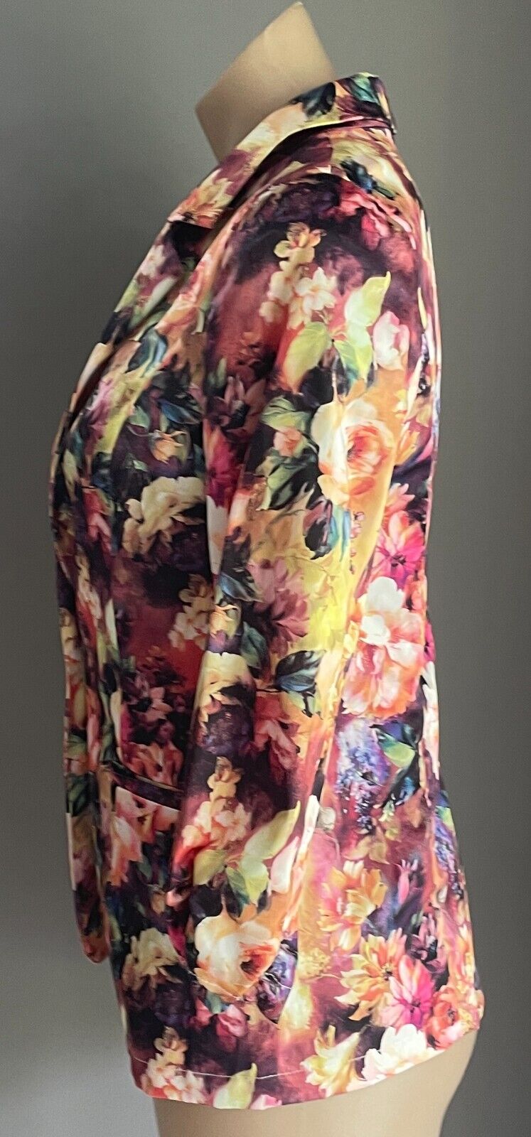 VALLEYGIRL Jacket Bright Multicolour Floral Blazer 3/4 Ruched Sleeves Sz 10 NEW