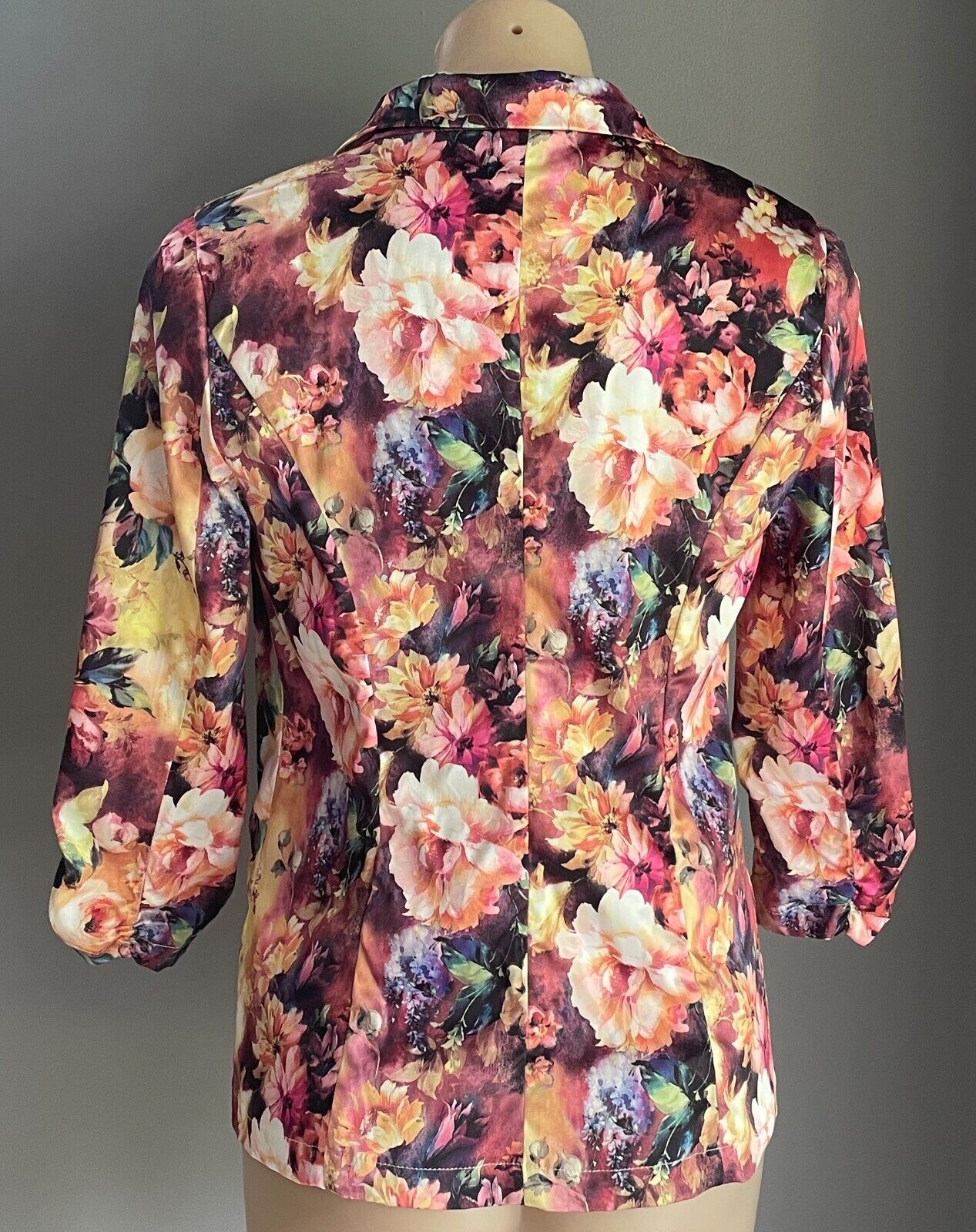 VALLEYGIRL Jacket Bright Multicolour Floral Blazer 3/4 Ruched Sleeves Sz 10 NEW