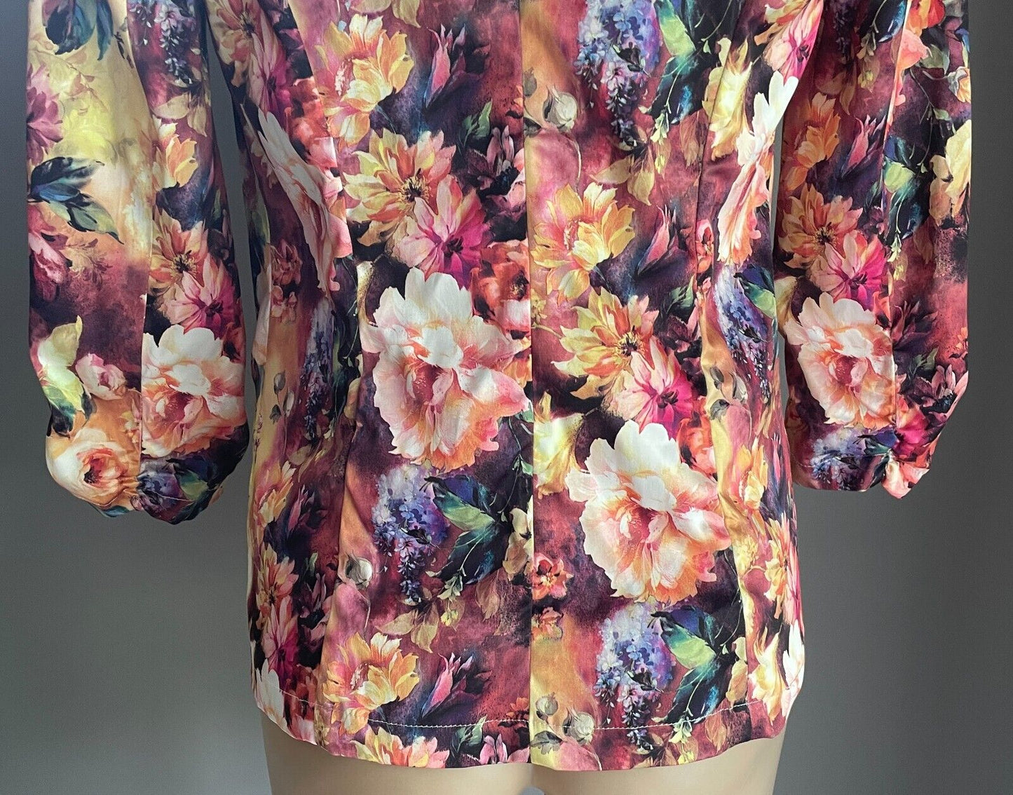 VALLEYGIRL Jacket Bright Multicolour Floral Blazer 3/4 Ruched Sleeves Sz 10 NEW