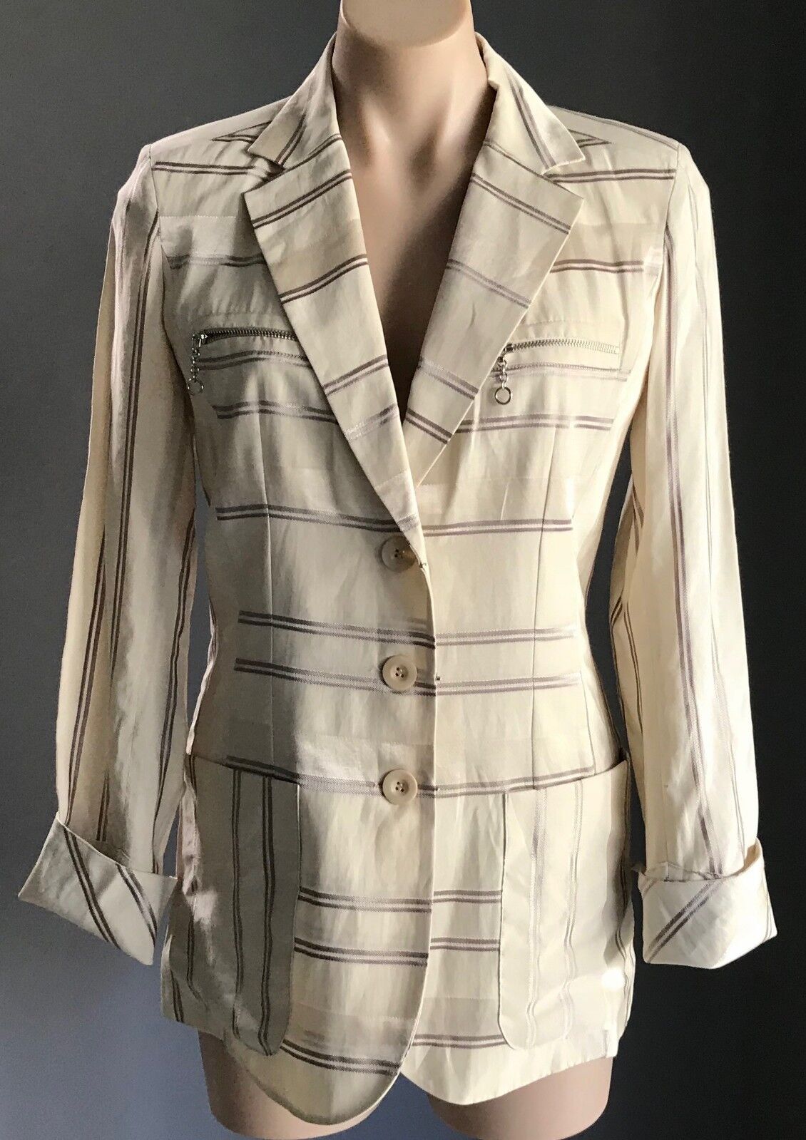 RODIKA ZANIAN Jacket  Cream & Brown Stripe Linen Look Blazer Size 38 AU 10 NEW