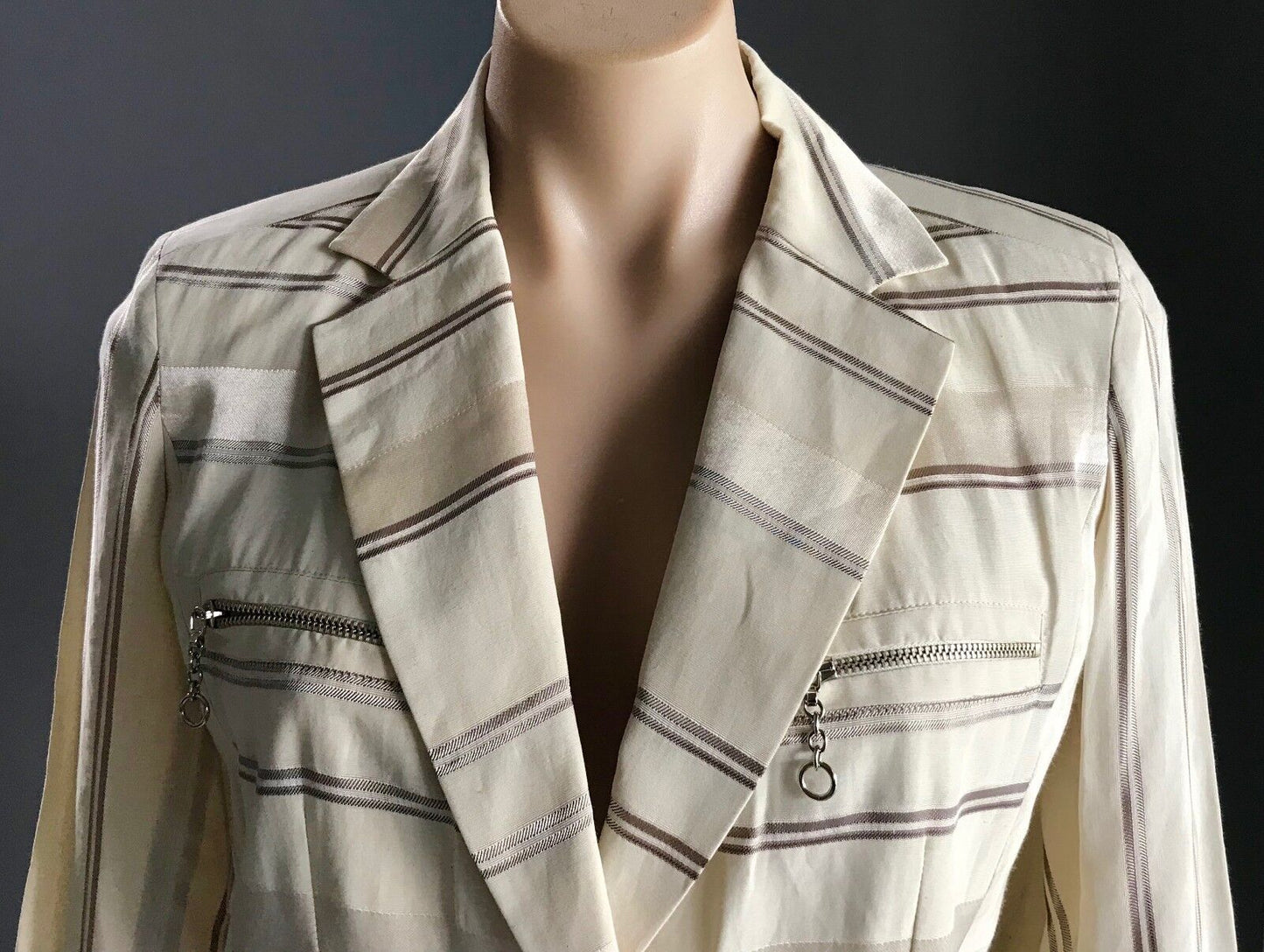RODIKA ZANIAN Jacket  Cream & Brown Stripe Linen Look Blazer Size 38 AU 10 NEW