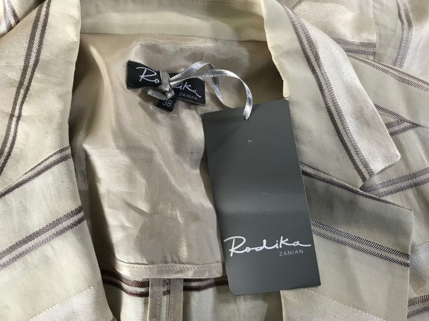 RODIKA ZANIAN Jacket  Cream & Brown Stripe Linen Look Blazer Size 38 AU 10 NEW