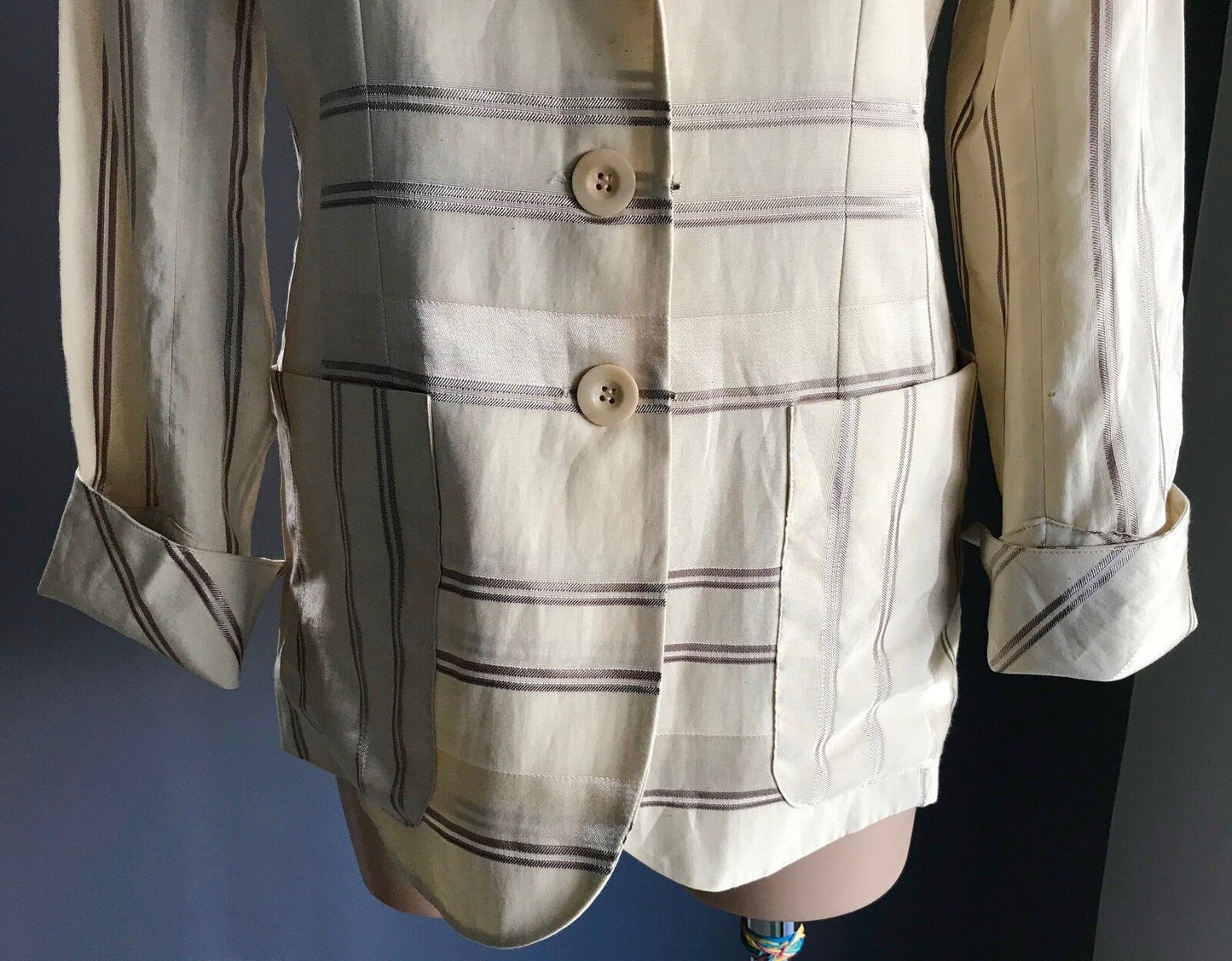 RODIKA ZANIAN Jacket  Cream & Brown Stripe Linen Look Blazer Size 38 AU 10 NEW