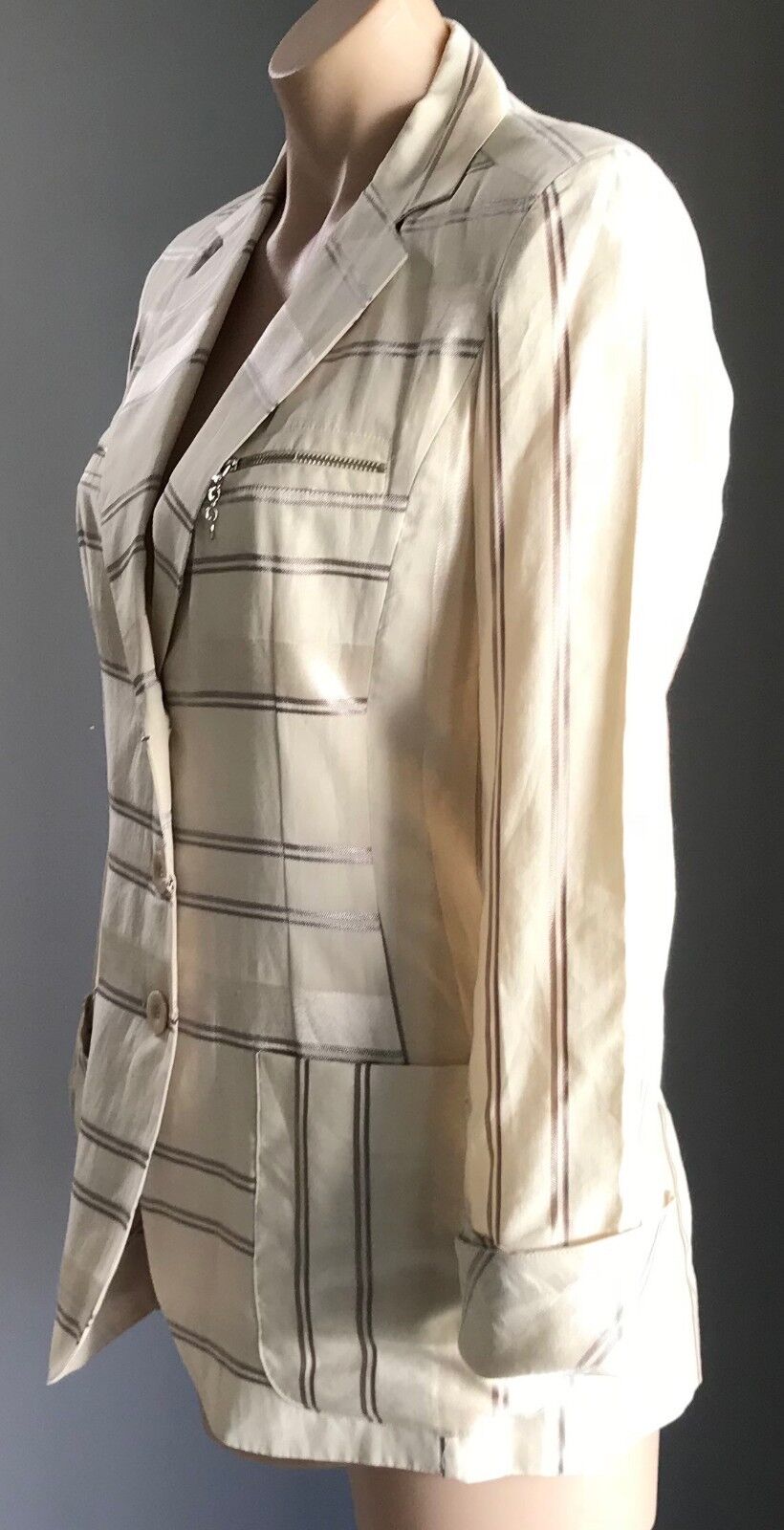RODIKA ZANIAN Jacket  Cream & Brown Stripe Linen Look Blazer Size 38 AU 10 NEW