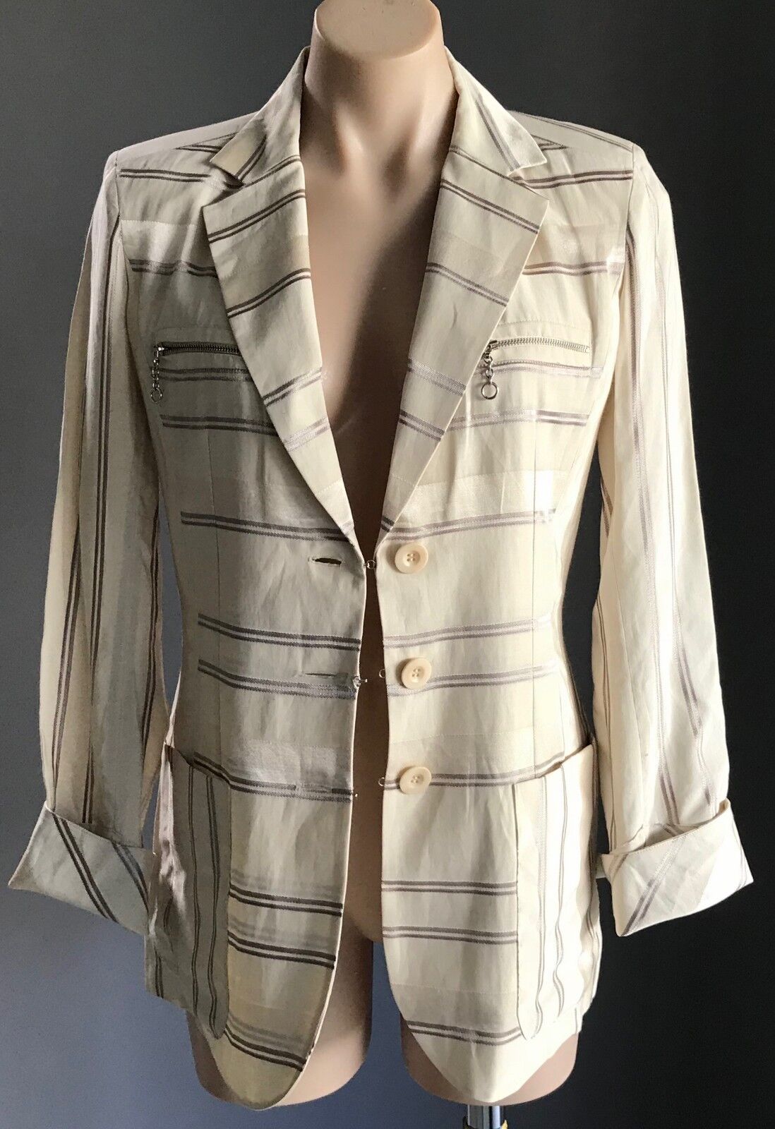 RODIKA ZANIAN Jacket  Cream & Brown Stripe Linen Look Blazer Size 38 AU 10 NEW
