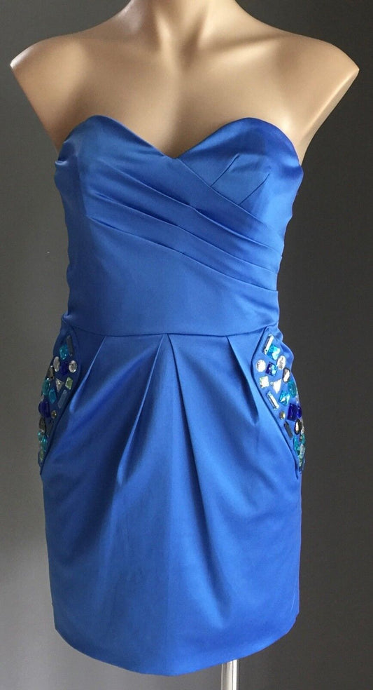 MINI Strapless Dress Blue Jewel Embellished Heavy Satin Look & Feel Size 12 NEW