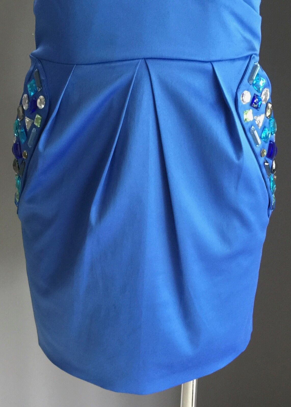 MINI Strapless Dress Blue Jewel Embellished Heavy Satin Look & Feel Size 12 NEW