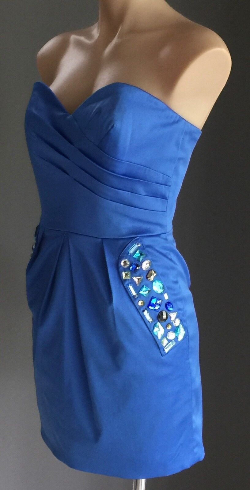 MINI Strapless Dress Blue Jewel Embellished Heavy Satin Look & Feel Size 12 NEW