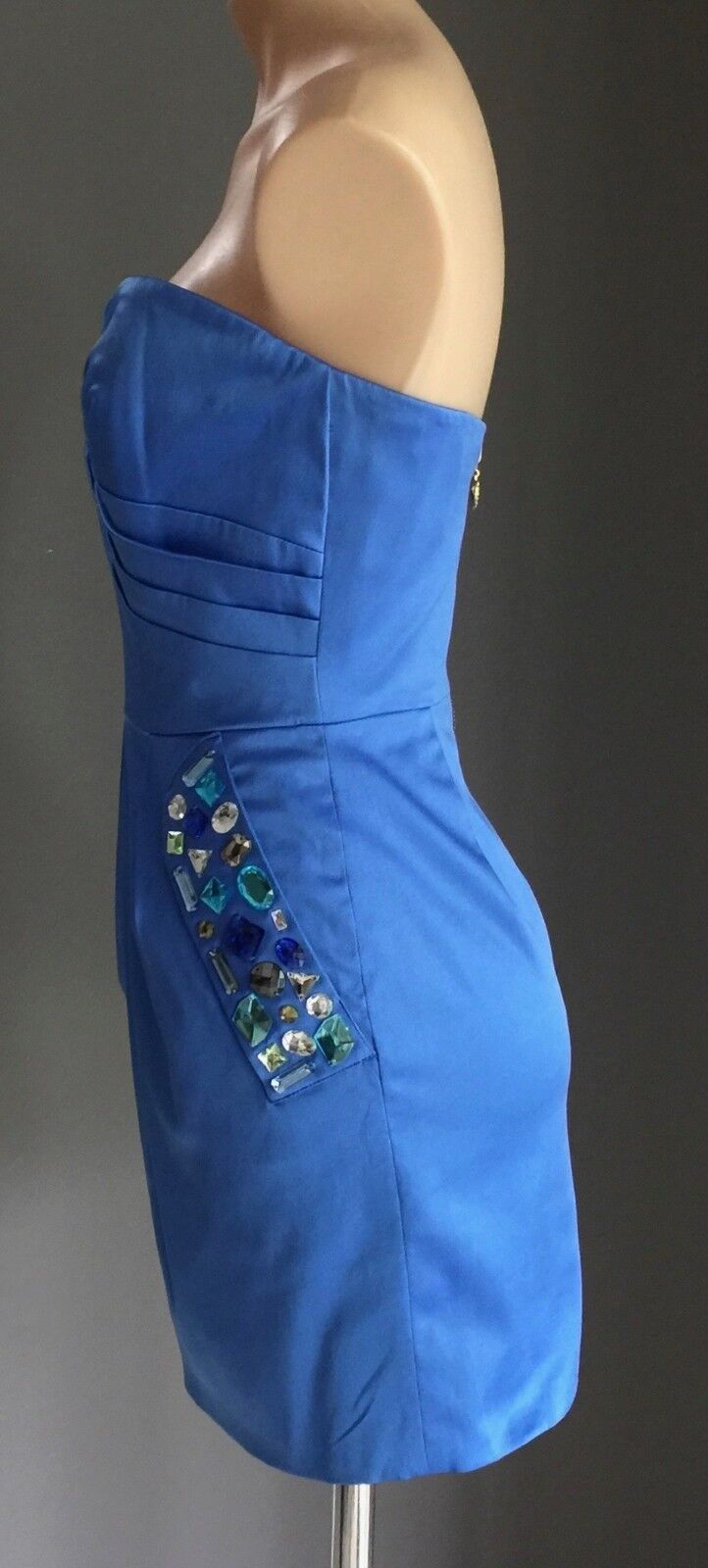 MINI Strapless Dress Blue Jewel Embellished Heavy Satin Look & Feel Size 12 NEW