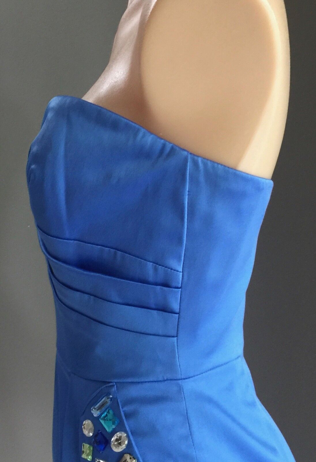 MINI Strapless Dress Blue Jewel Embellished Heavy Satin Look & Feel Size 12 NEW