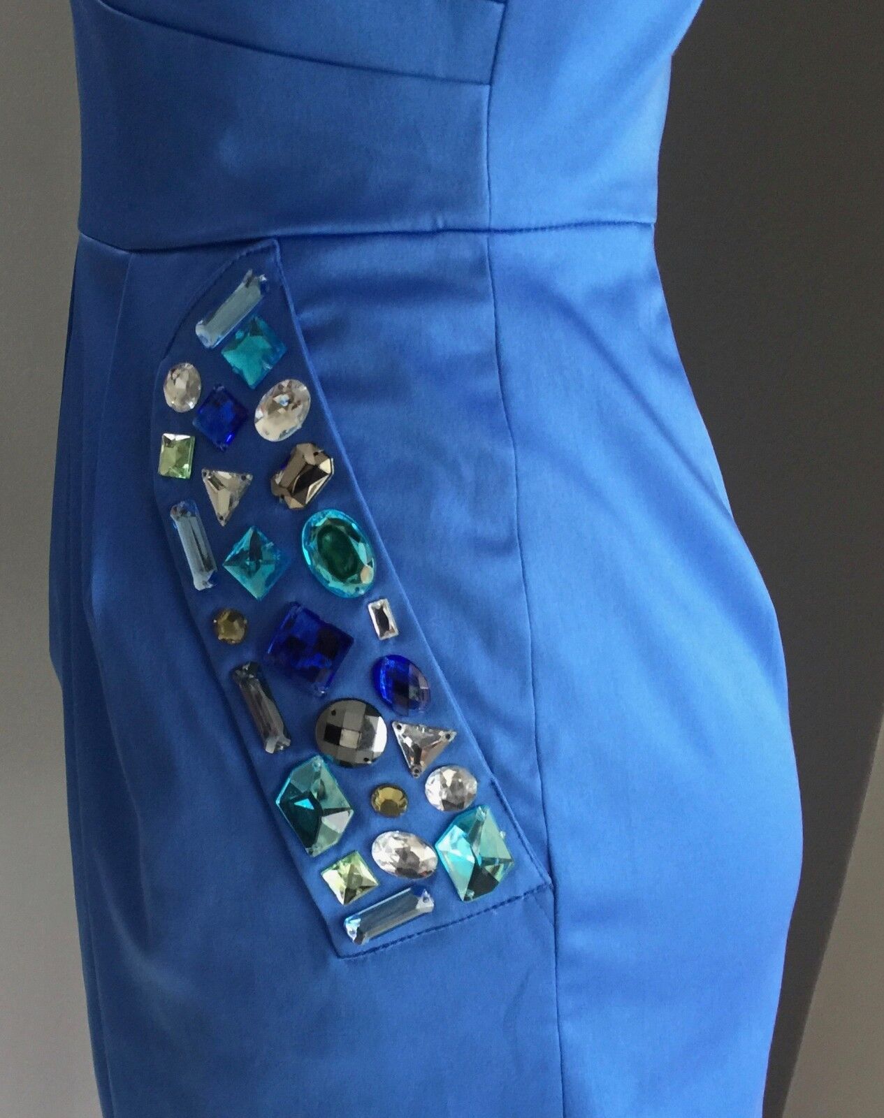 MINI Strapless Dress Blue Jewel Embellished Heavy Satin Look & Feel Size 12 NEW