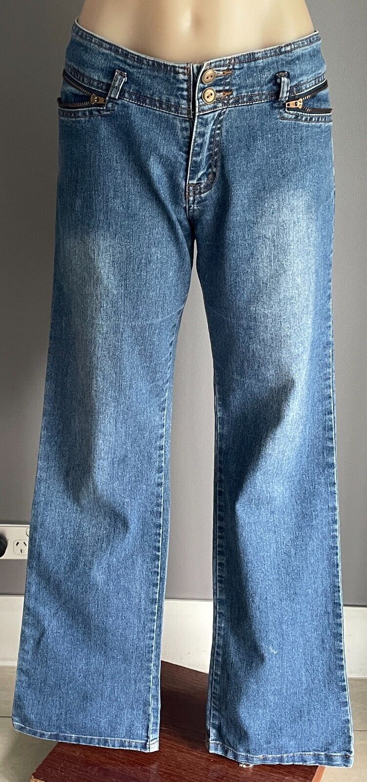T&M JEANS Mid Blue Denim Boot Leg  Distressed Hem Zip Pockets Size 14 Jeans