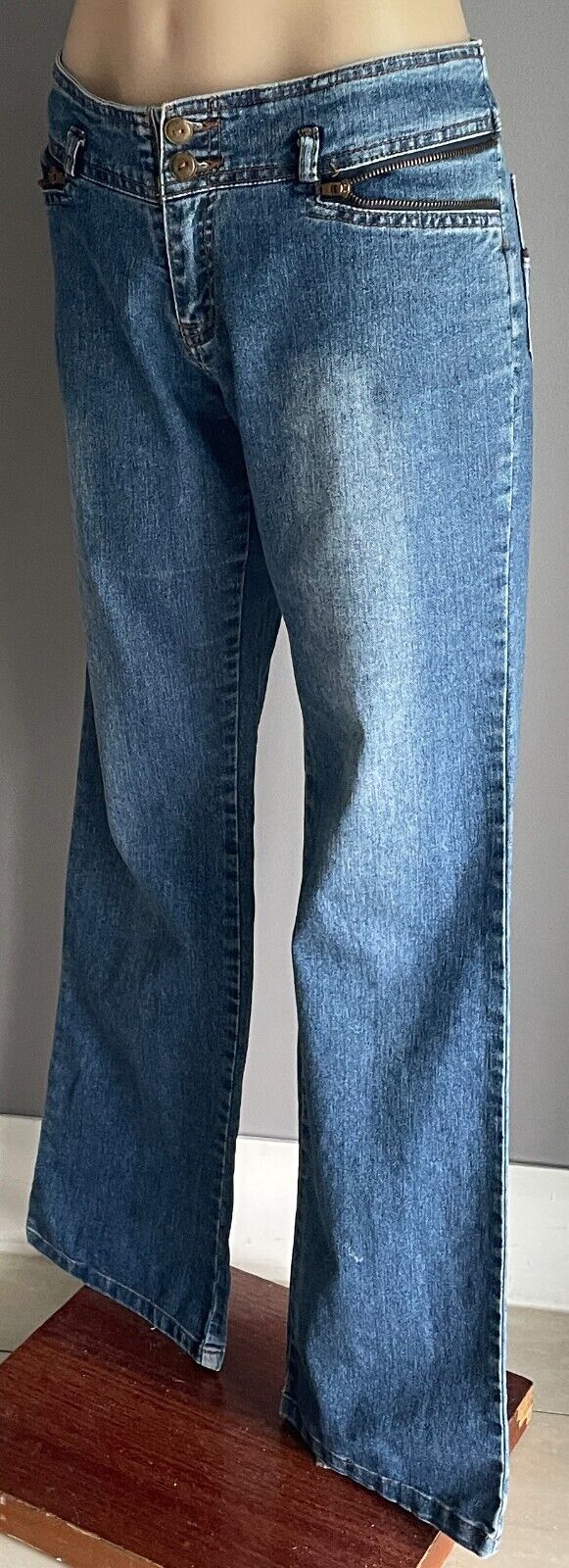 T&M JEANS Mid Blue Denim Boot Leg  Distressed Hem Zip Pockets Size 14 Jeans