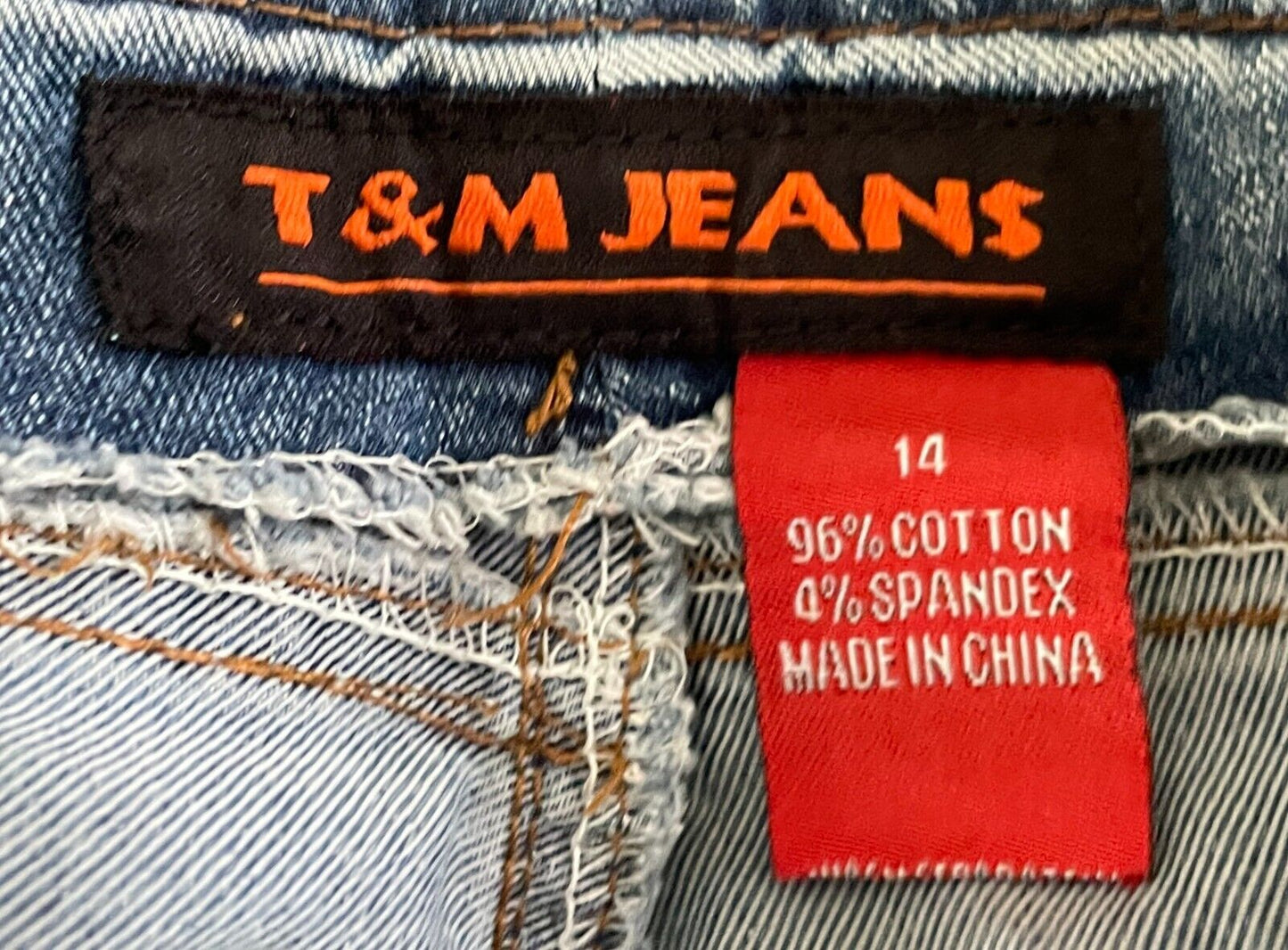 T&M JEANS Mid Blue Denim Boot Leg  Distressed Hem Zip Pockets Size 14 Jeans