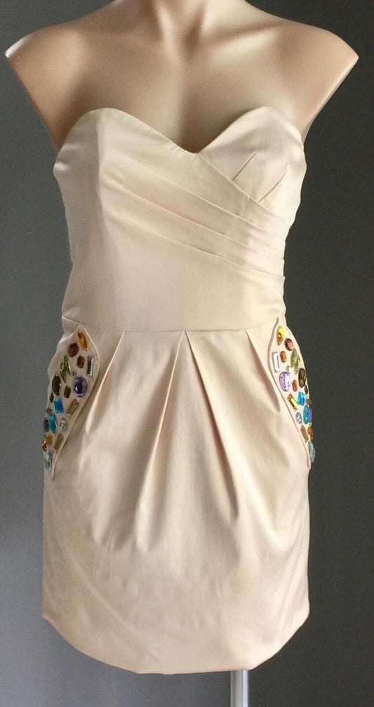 MINI Strapless Dress Soft Gold Jewel Embellished Shiny Satin Ladies Size 12 NEW