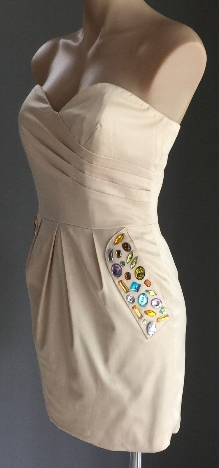 MINI Strapless Dress Soft Gold Jewel Embellished Shiny Satin Ladies Size 12 NEW