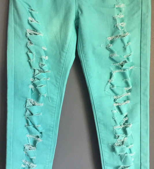 MONICA'S JEANS Ripped Skinny Leg Mint Green Distressed ThrashedM Size 10 NEW