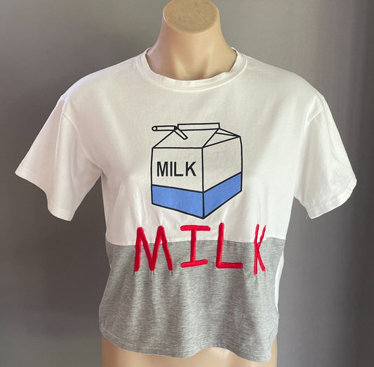 JANWIENER by KOREA Crop T-Shirt White/Multicolour Milk Carton Print Chest 100cm